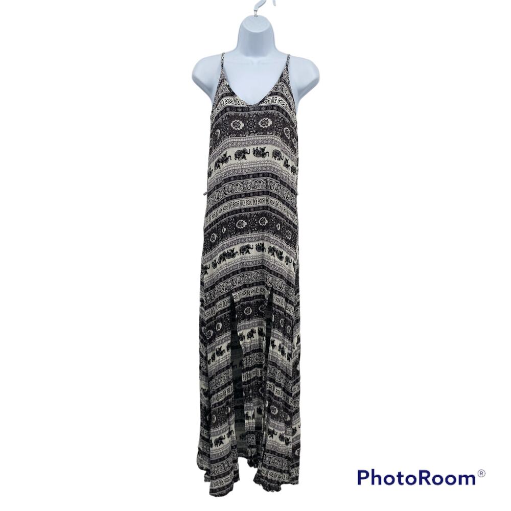 LA Hearts Mixed Print Stripe V-Neck Maxi Dress Black Size Medium